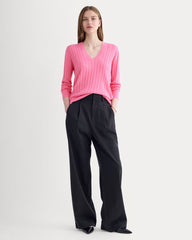 The Cable V-Neck in Cotton Cashmere | Deep Pink
