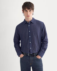 Textured Voile Button-Up Shirt | Navy Plaid
