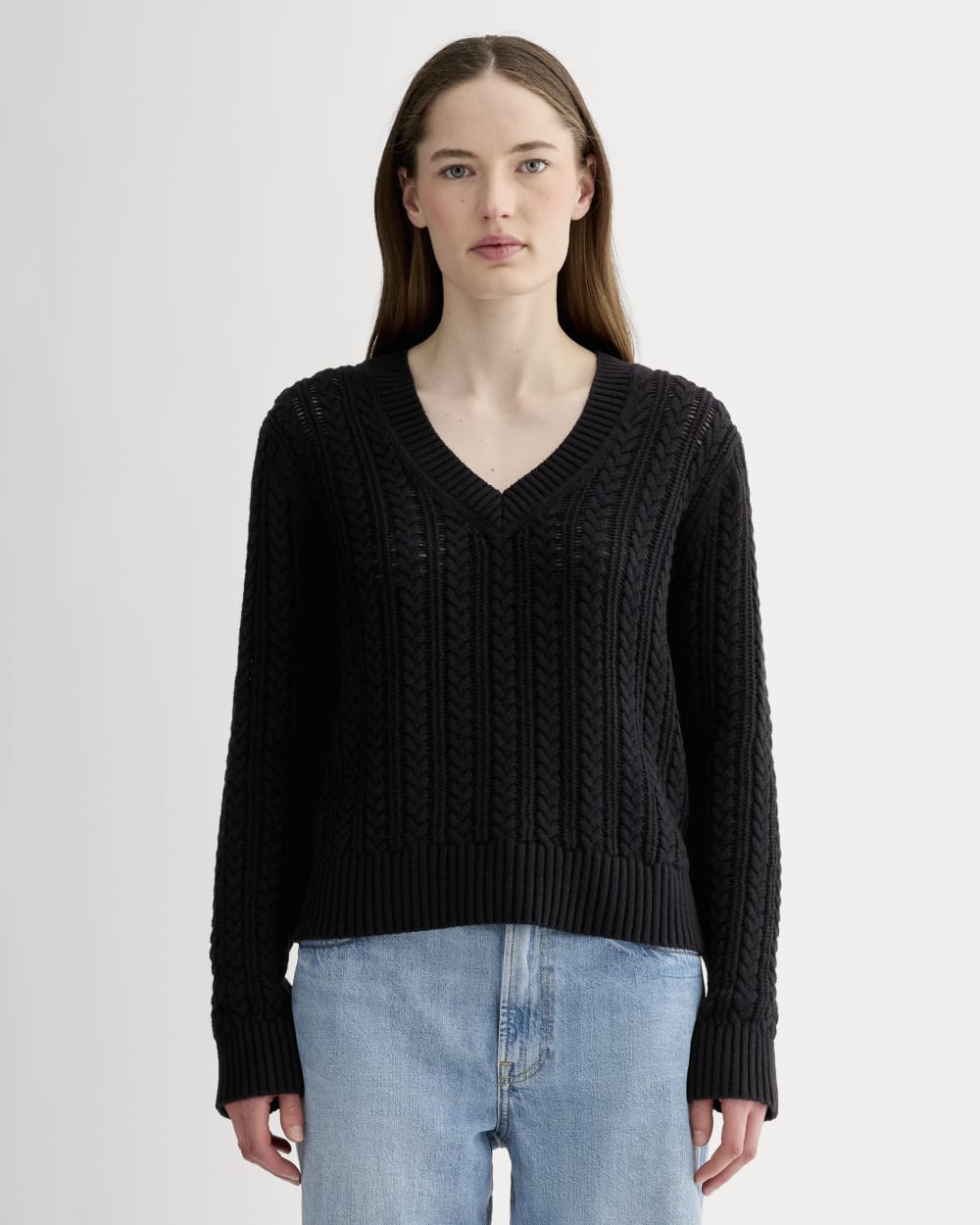 The Mesh Cable V-Neck in Everyday Cotton | Black
