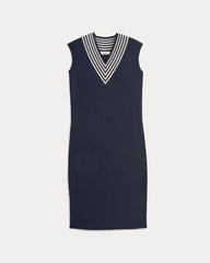 Relaxed V-Neck Midi Sweater Dress in Cotton Merino | Navy
