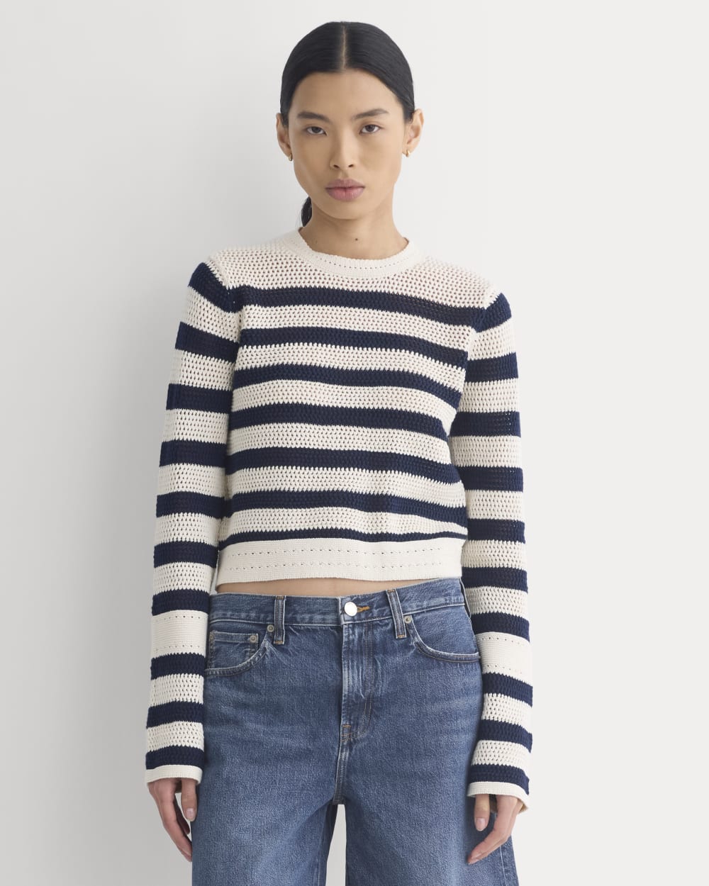 Open Knit Long-Sleeve Crew in Everyday Cotton | Canvas / Navy