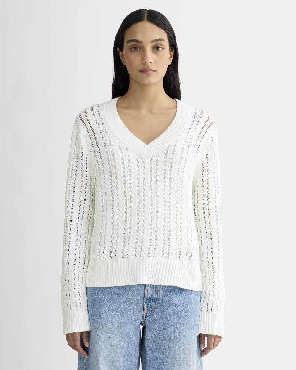 The Mesh Cable V-Neck in Everyday Cotton | White