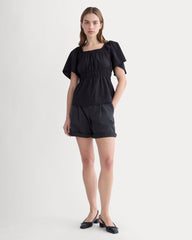 The Flutter-Sleeve Top in Stretch Linen | Black