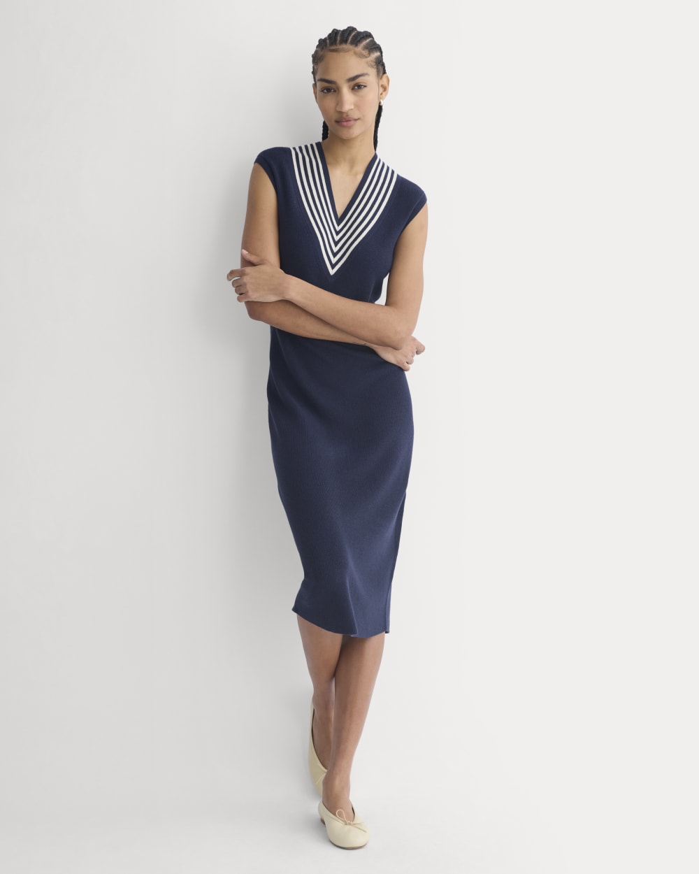 Relaxed V-Neck Midi Sweater Dress in Cotton Merino | Navy