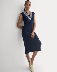 Relaxed V-Neck Midi Sweater Dress in Cotton Merino | Navy