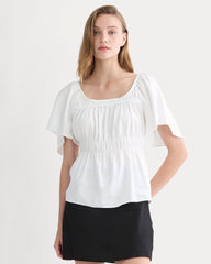 The Flutter-Sleeve Top in Stretch Linen | White