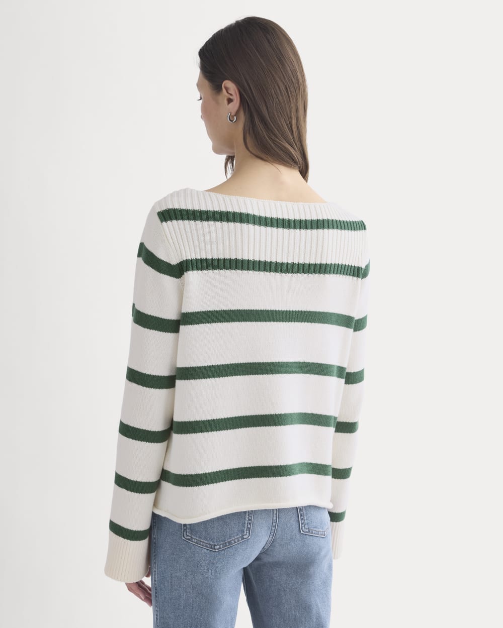 Striped Boatneck Sweater in Everyday Cotton | Hunter Green/Bone