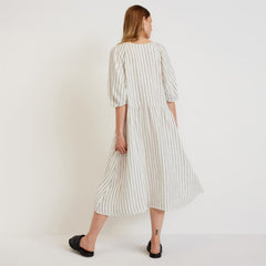 The Linen Oversized Puff-Sleeve Dress | Black / Canvas Tan
