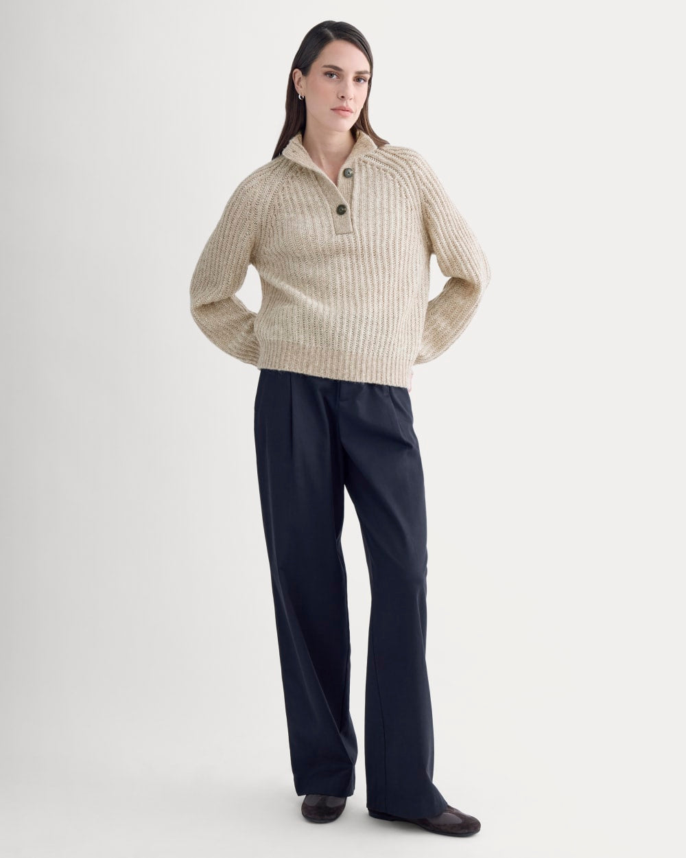 Funnel-Neck Ribbed Henley Sweater | Heathered Almond / Bone Vertical Stripe