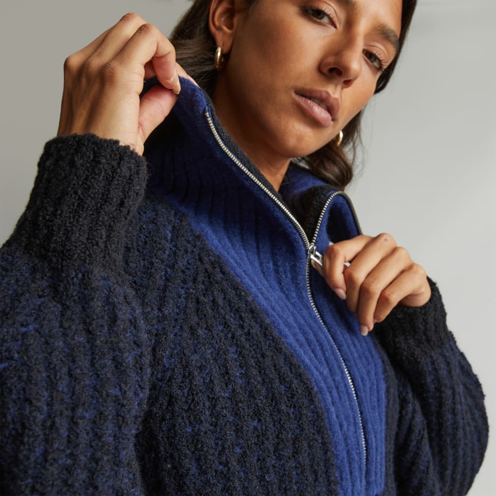 The Luxe Teddy Oversized Half Zip Sweater | Black / Ocean Cavern