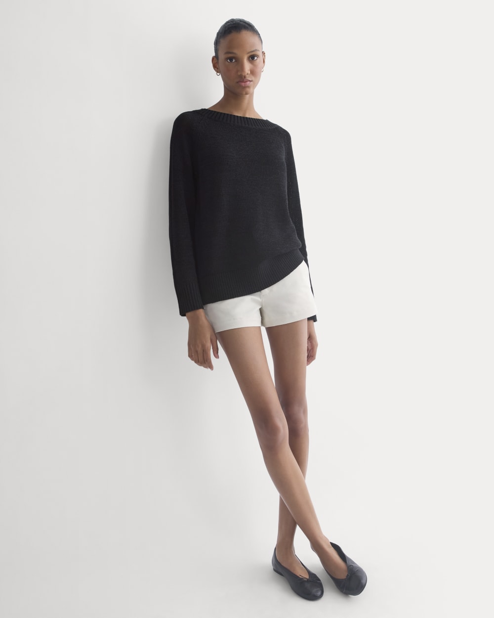 Wide-Neck Crew Sweater in Tape Yarn | Black