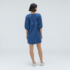 The Seersucker Puff Sleeve Dress | Deep Blue