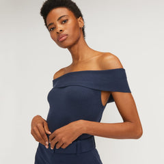 The Ribbed Cotton Off-The-Shoulder Top | Navy