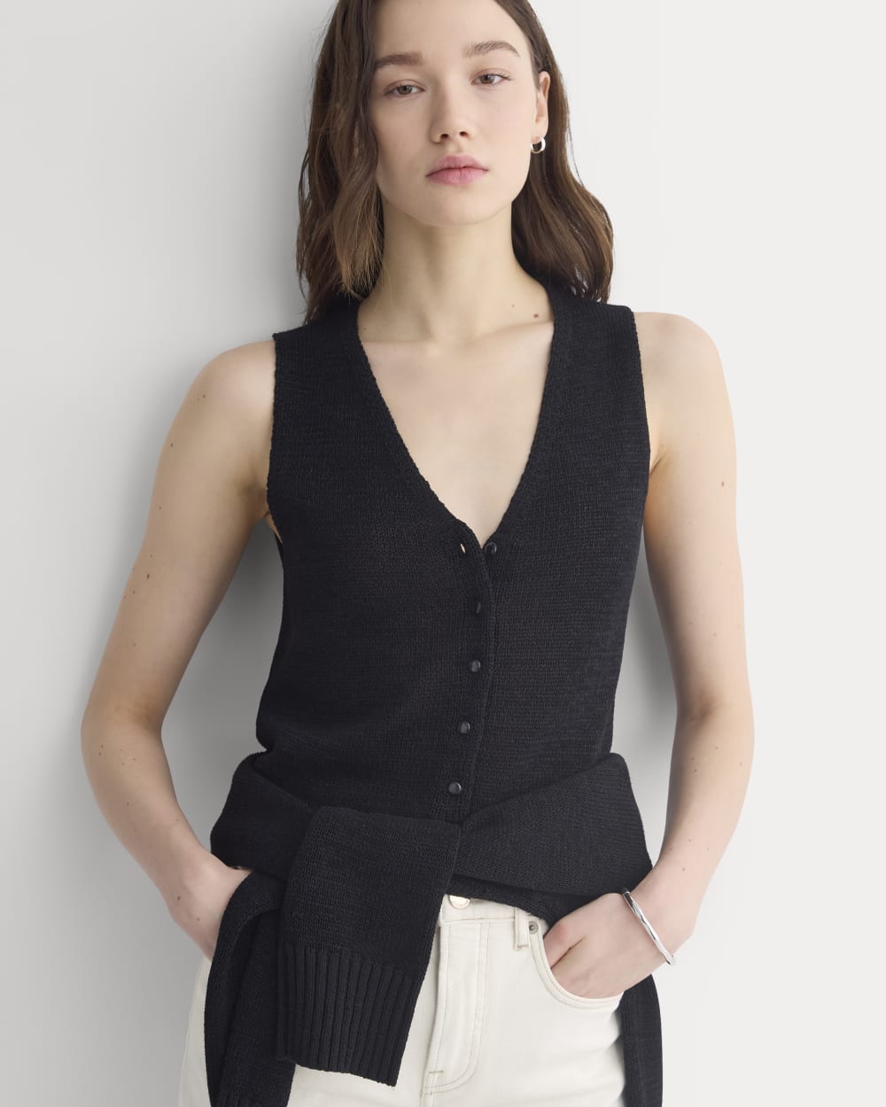 Button-Front Tank in Tape Yarn | Black