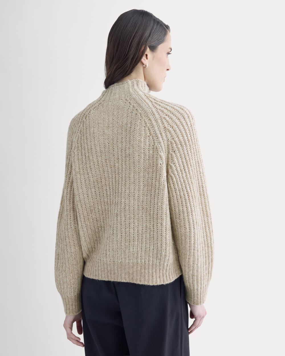 Funnel-Neck Ribbed Henley Sweater | Heathered Almond / Bone Vertical Stripe