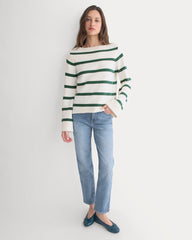 Striped Boatneck Sweater in Everyday Cotton | Hunter Green/Bone