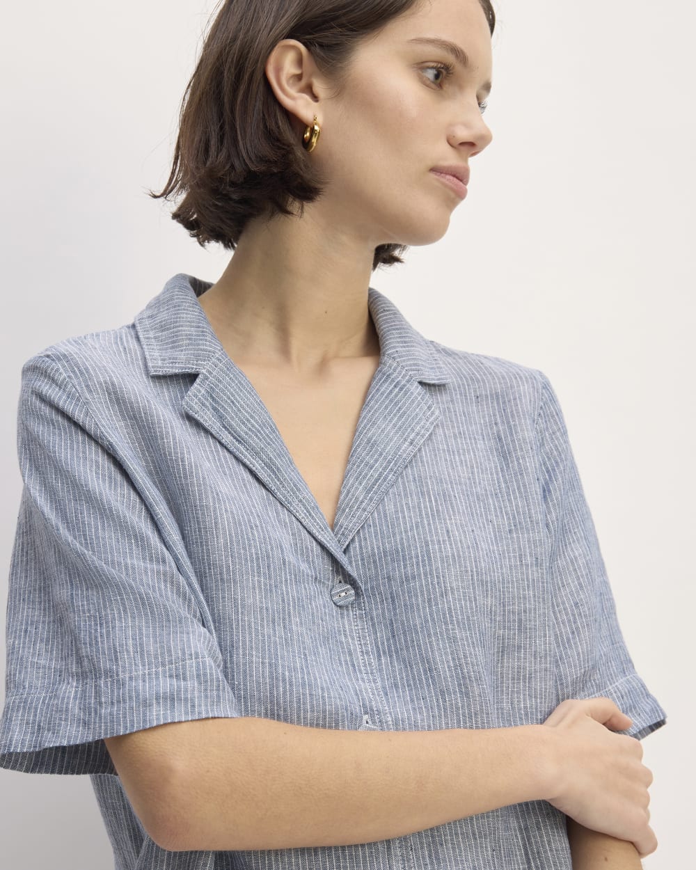 The Shirtdress in Linen | White / Blue