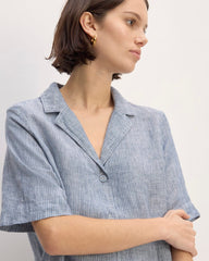 The Shirtdress in Linen | White / Blue