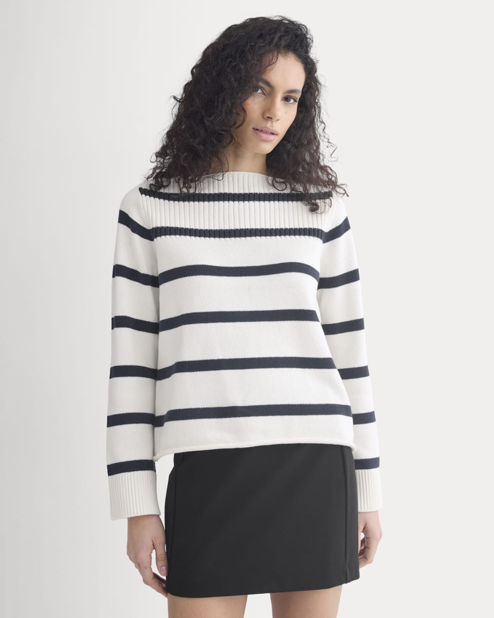 Striped Boatneck Sweater in Everyday Cotton | True Navy/Bone