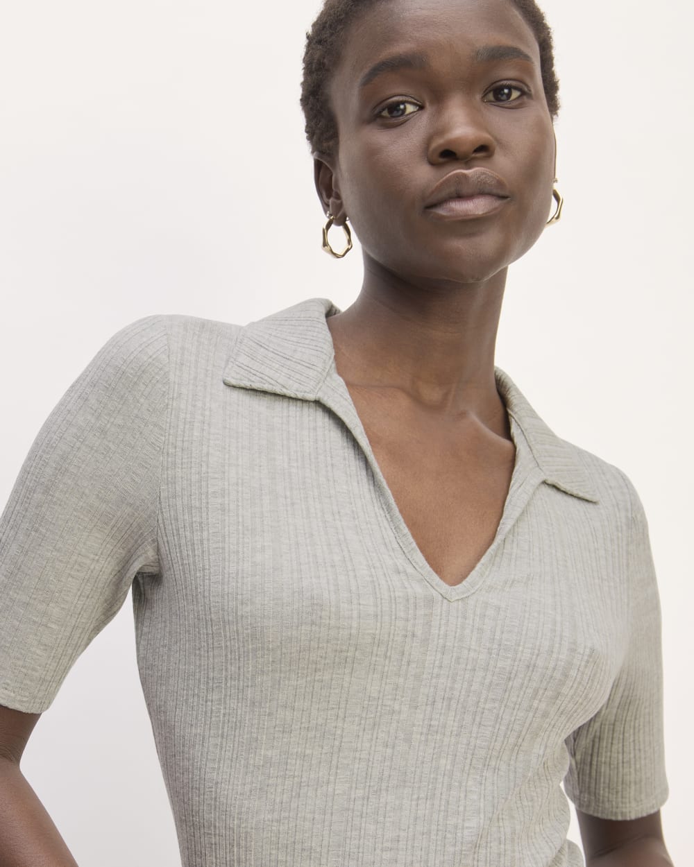 The Rib Soft Knit Open Collar Polo | Heathered Grey
