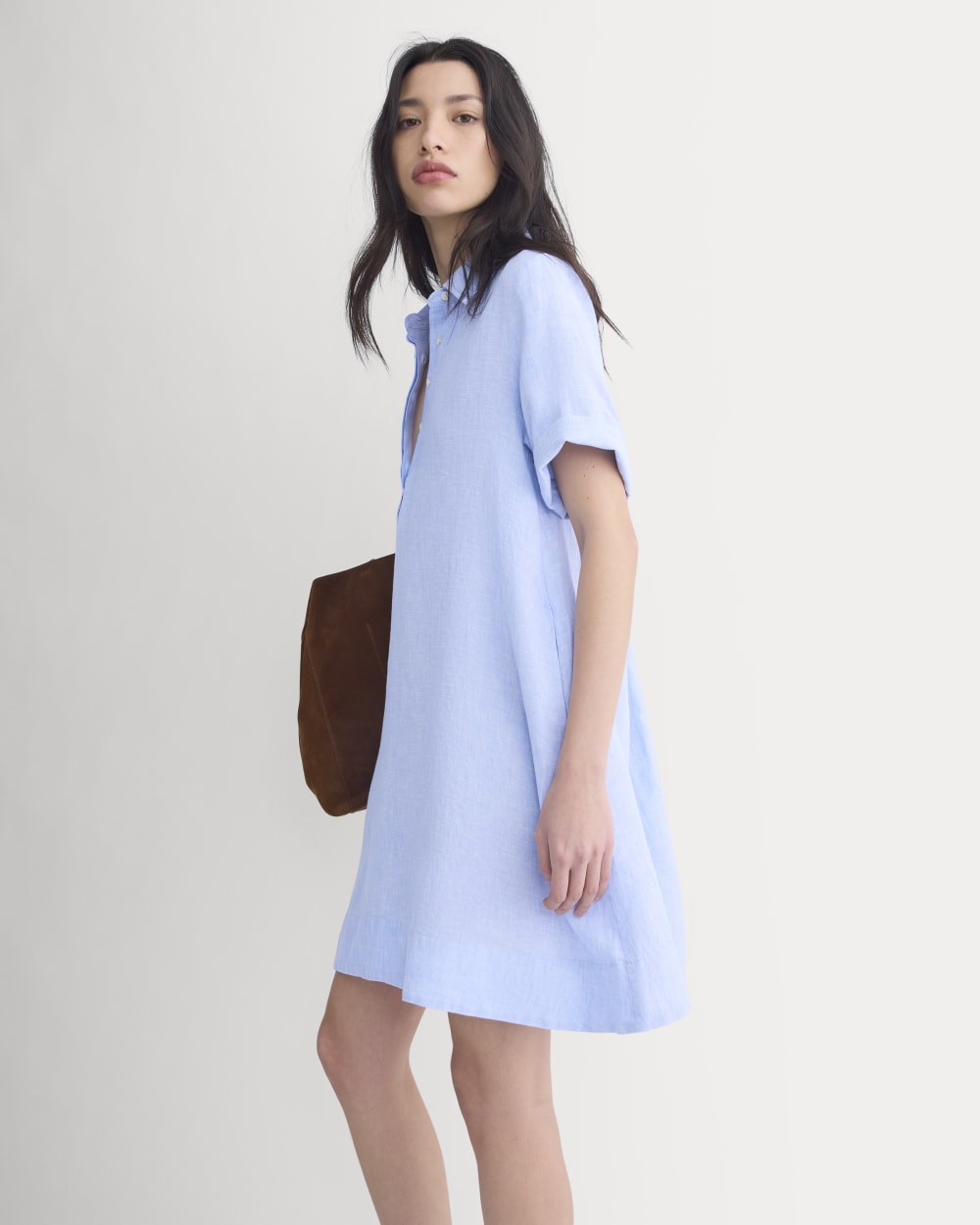 Mini Popover Shirtdress in Linen | Light Blue