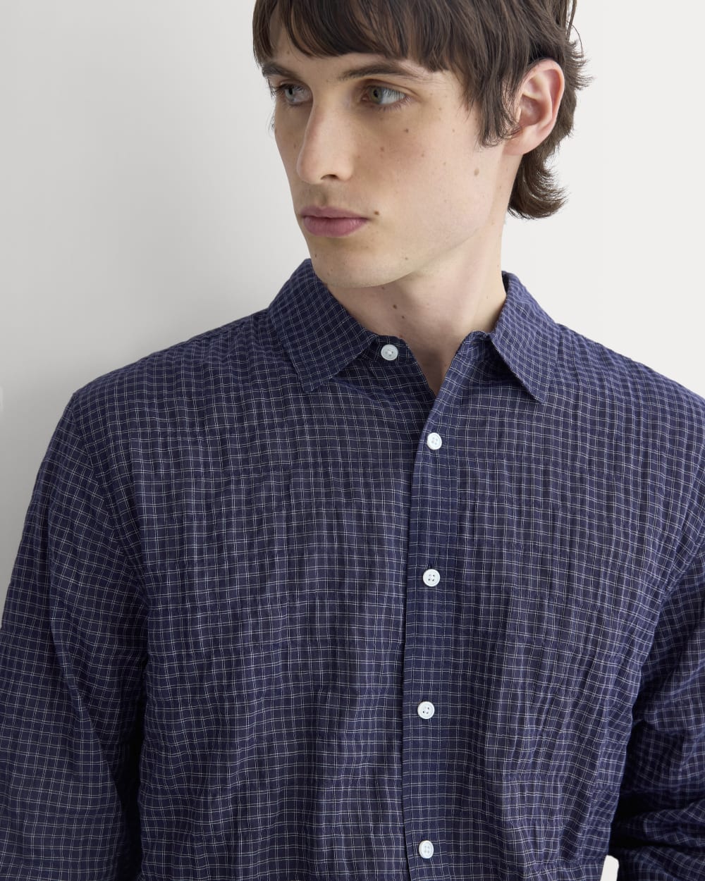 Textured Voile Button-Up Shirt | Navy Plaid