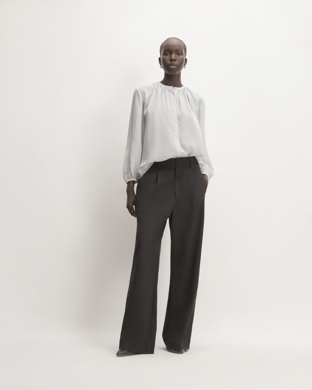 The Washable Clean Silk Shirred Blouse | Bone / Black Polka Dot