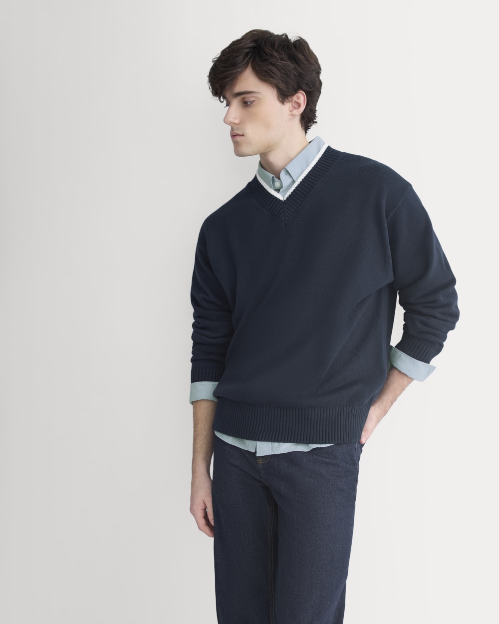 Relaxed V-Neck Sweater in Everyday Cotton | Deep Navy
