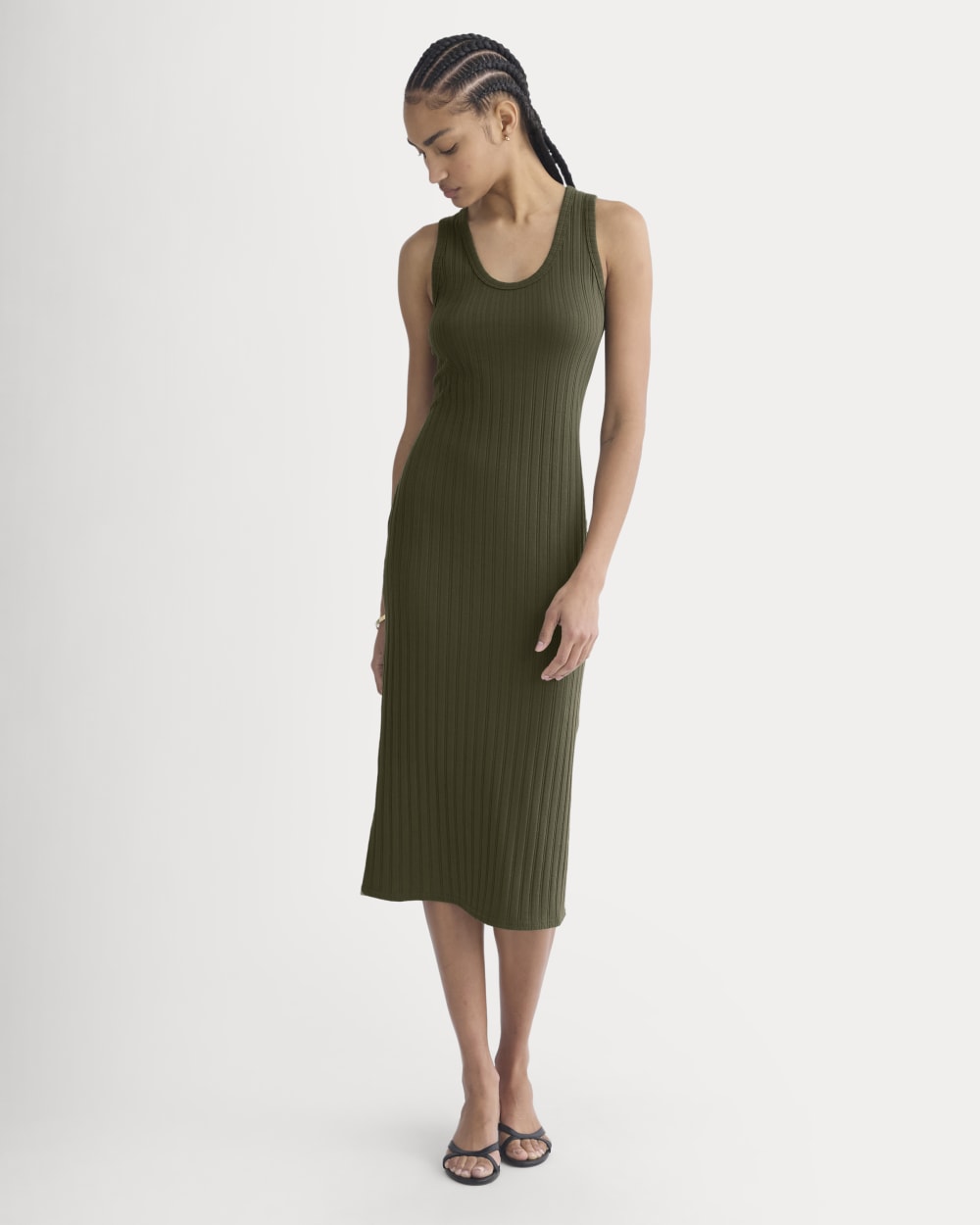 Scoop-Neck Midi Dress in Pointelle Knit | Olive Night
