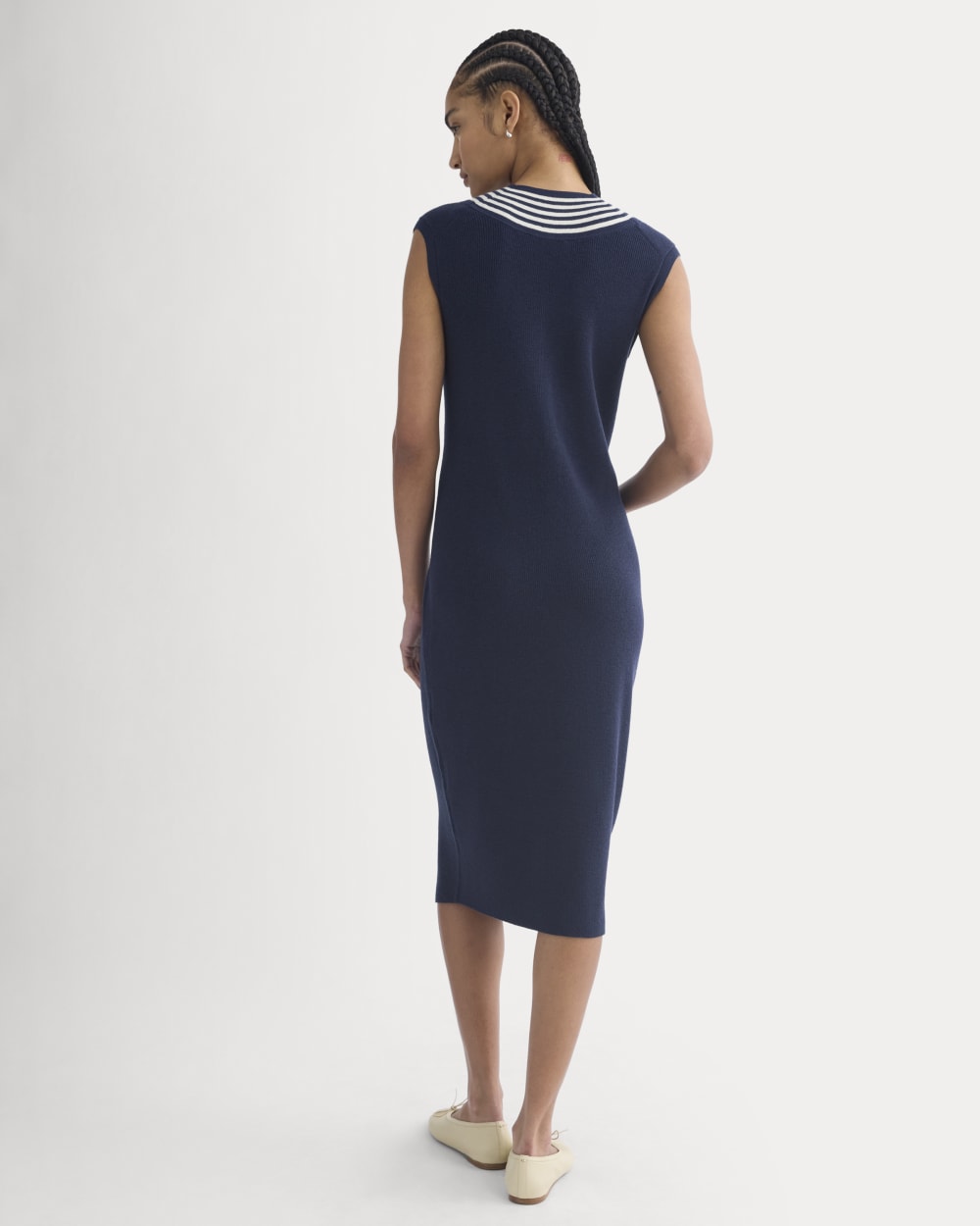 Relaxed V-Neck Midi Sweater Dress in Cotton Merino | Navy