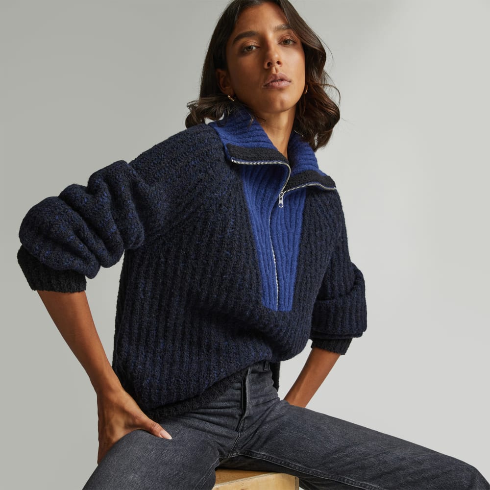 The Luxe Teddy Oversized Half Zip Sweater | Black / Ocean Cavern