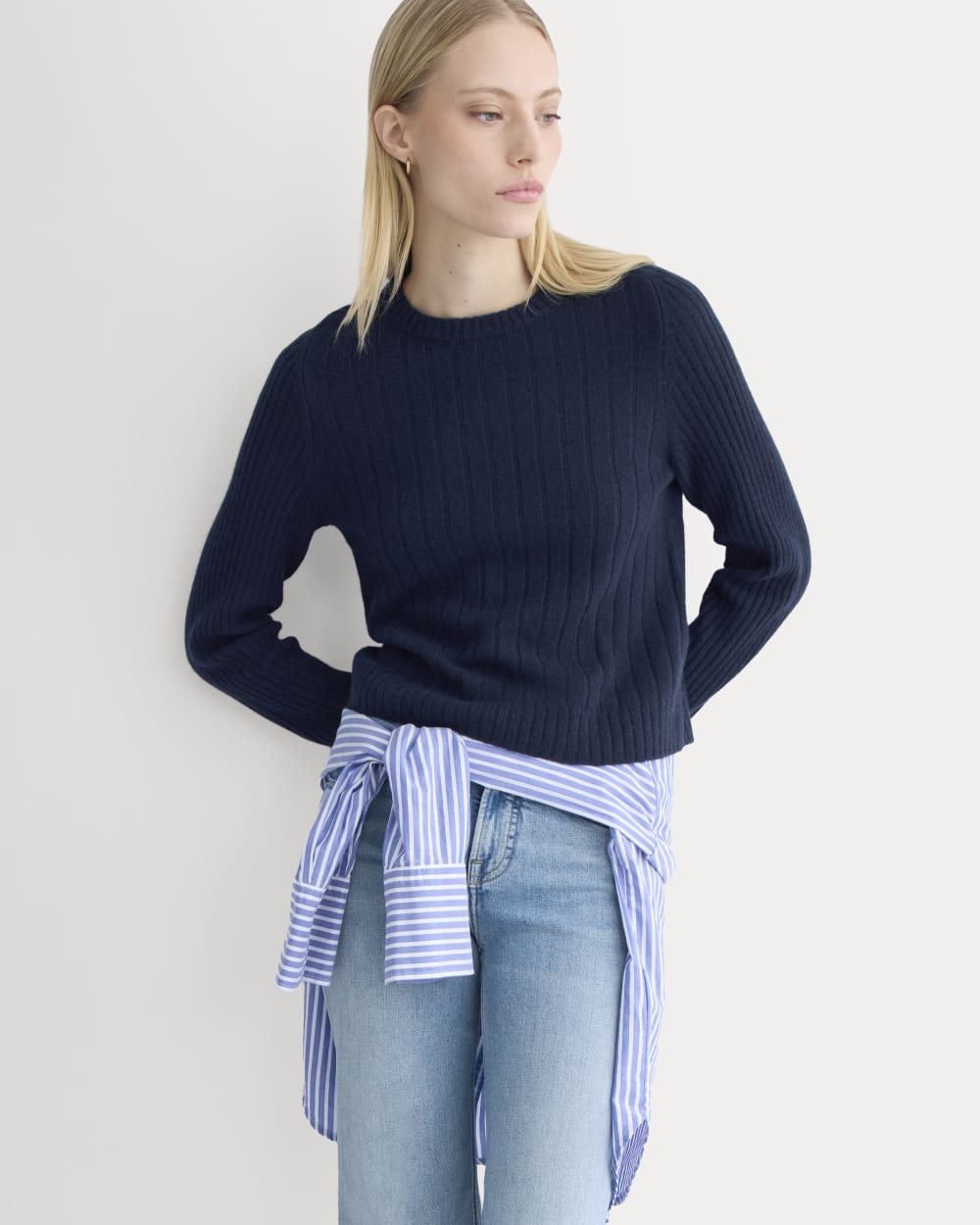 Mix Ribbed Crew in Cashmere | Navy
