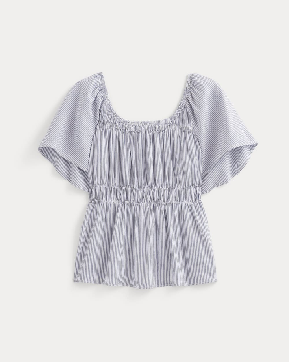 The Flutter-Sleeve Top in Stretch Linen | White / Dutch Blue