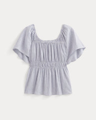 The Flutter-Sleeve Top in Stretch Linen | White / Dutch Blue
