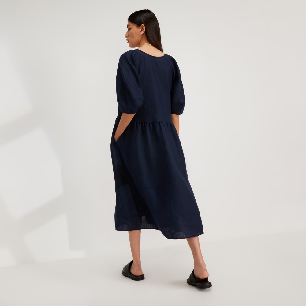 The Linen Oversized Puff-Sleeve Dress | Navy