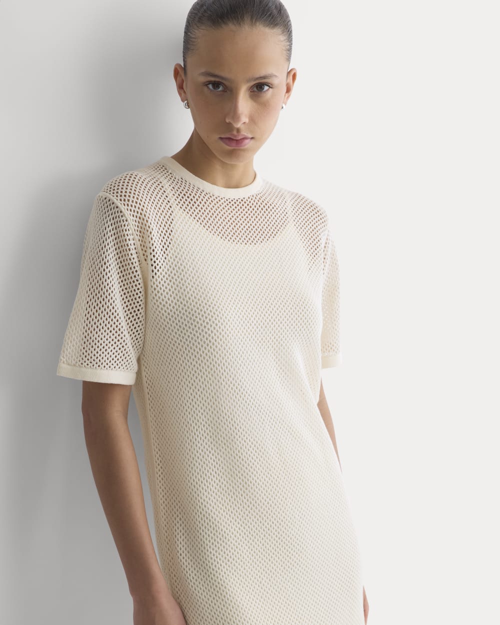 Mesh-Knit Short-Sleeve Dress | Bone