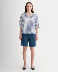 The Gauze Gathered Top | White / Mazarine Blue