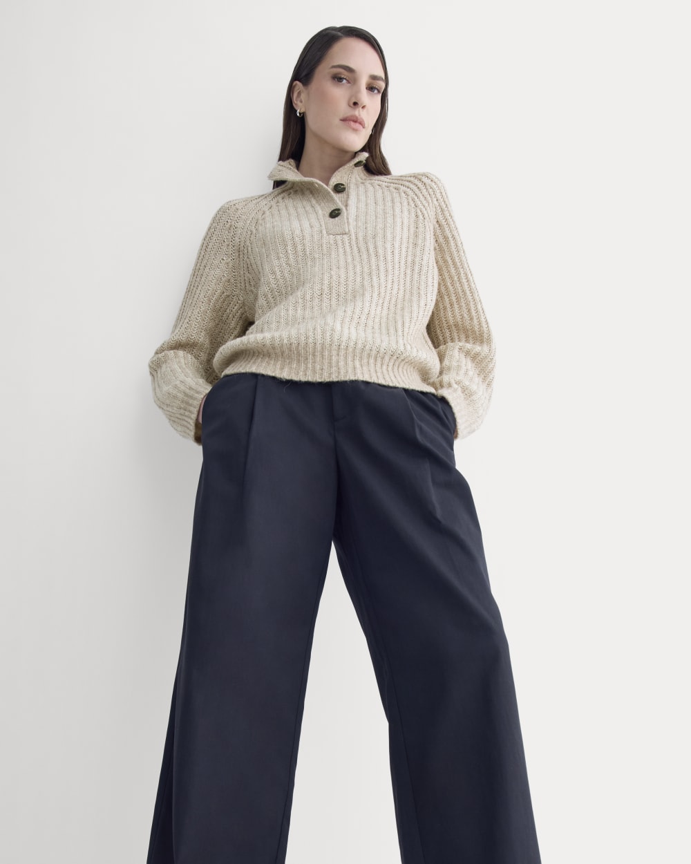 Funnel-Neck Ribbed Henley Sweater | Heathered Almond / Bone Vertical Stripe