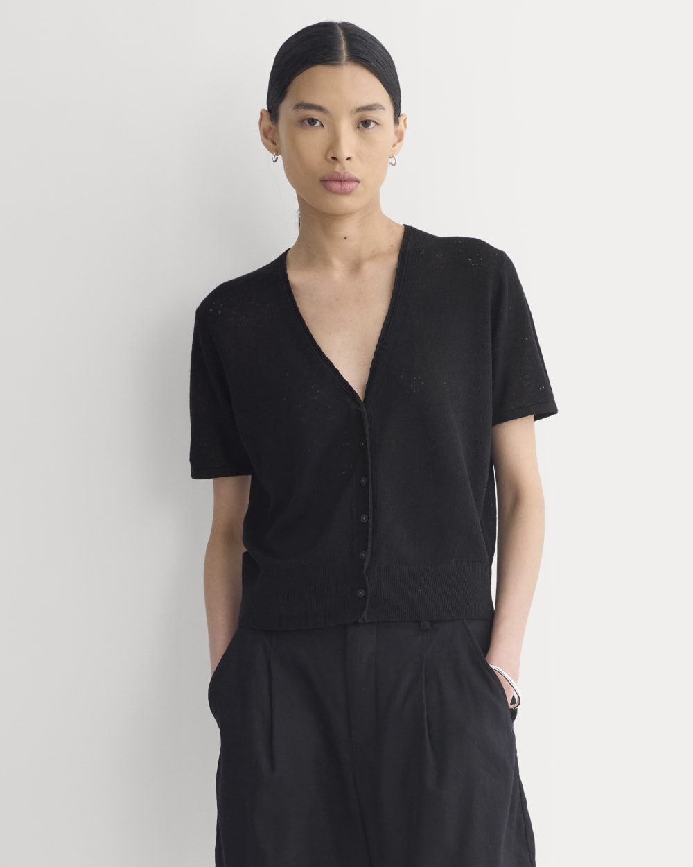Lace Trim Cardigan in Fine Linen | Black
