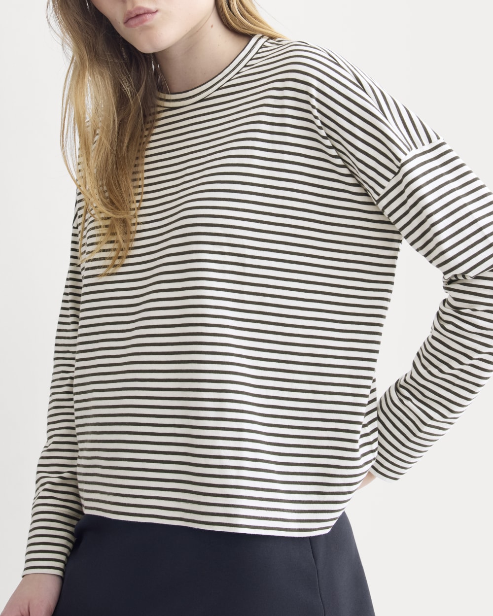 Oversized Boxy Crew in Essential Cotton | Bone / Pirate Black Stripe