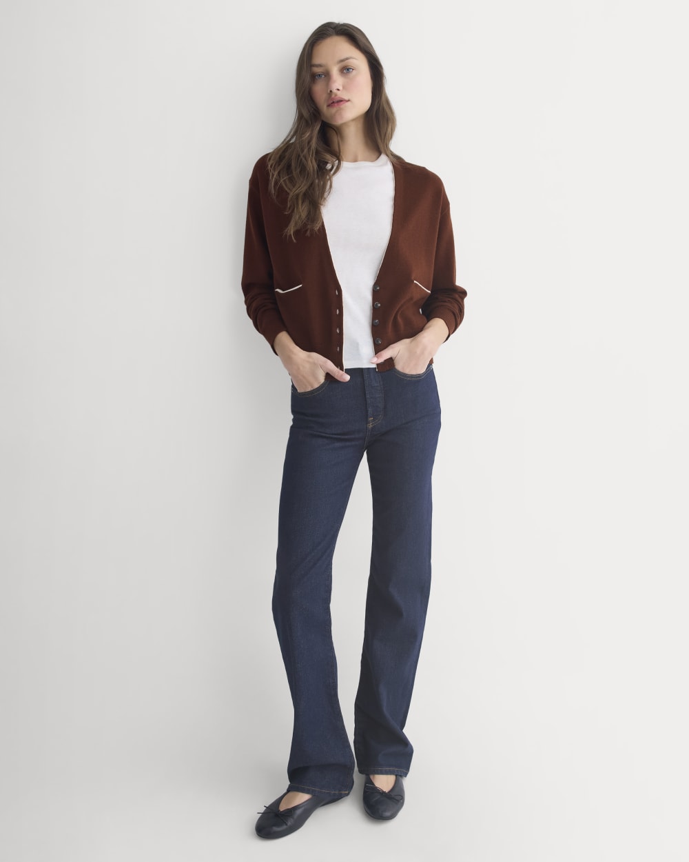 Deep V-Neck Cardigan in Cotton Merino | Whipped Cream