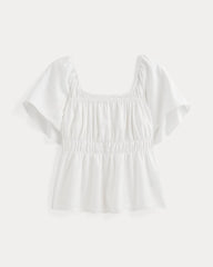 The Flutter-Sleeve Top in Stretch Linen | White