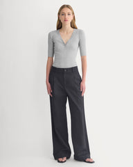 Luxe Rib V-Neck Henley | Heathered Light Grey