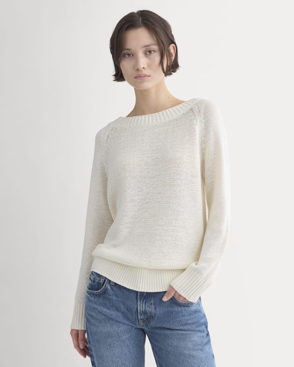 Wide-Neck Crew Sweater in Tape Yarn | Bone