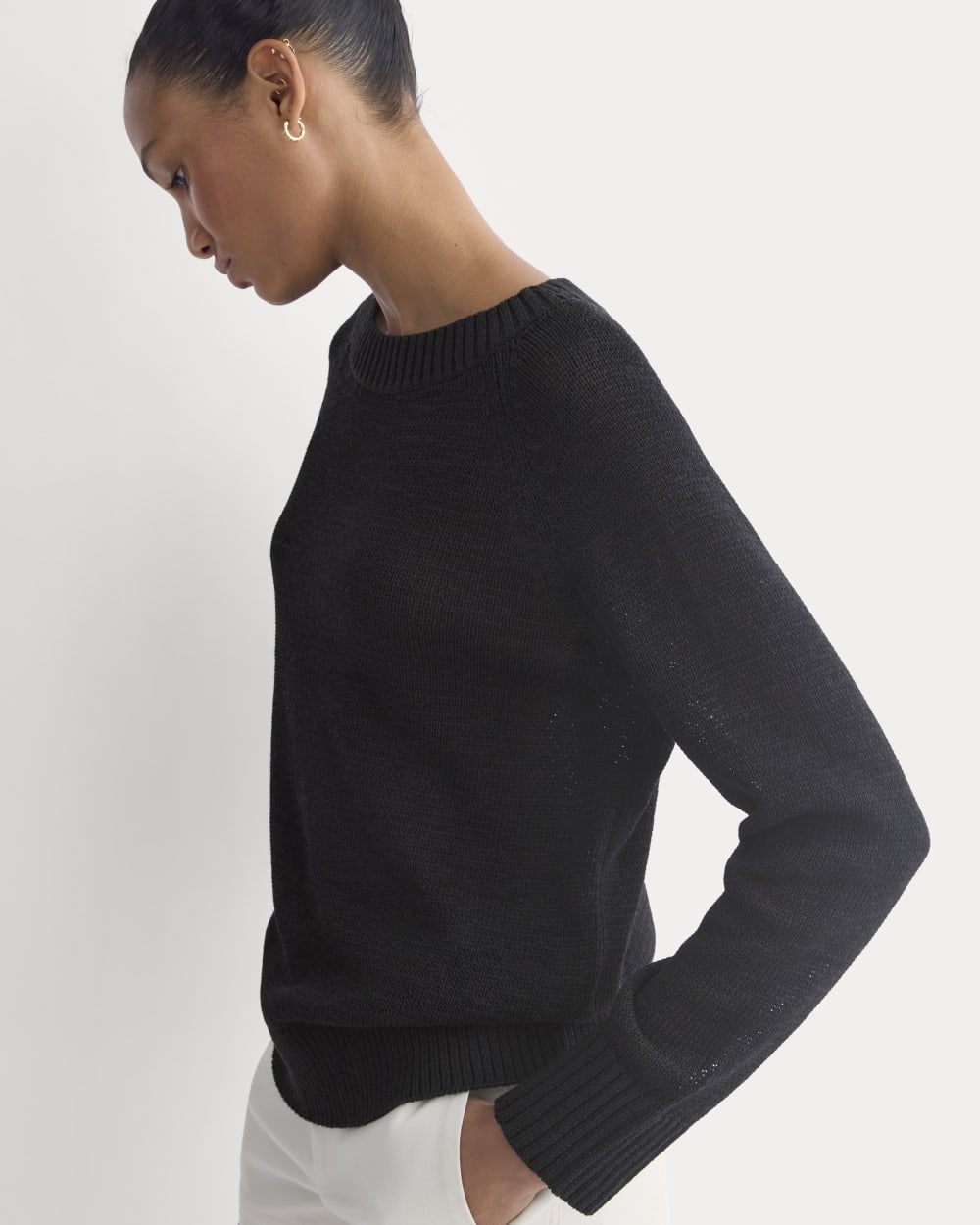 Wide-Neck Crew Sweater in Tape Yarn | Black