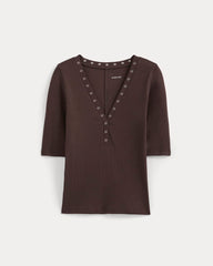Luxe Rib V-Neck Henley | Coffee Bean