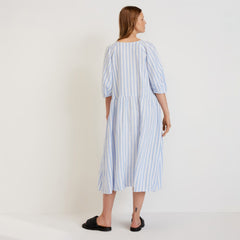 The Linen Oversized Puff-Sleeve Dress | Blue / White