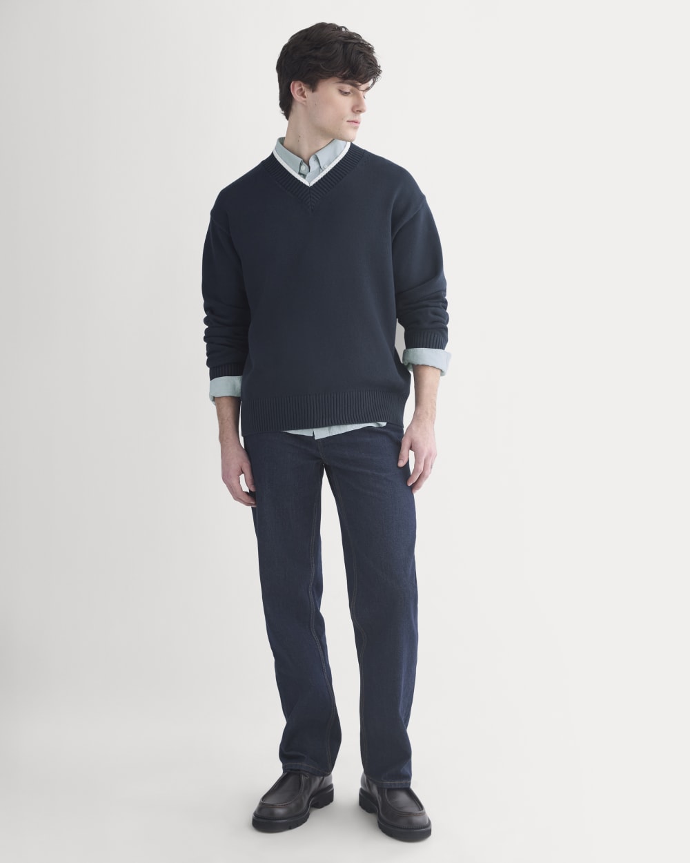 Relaxed V-Neck Sweater in Everyday Cotton | Deep Navy