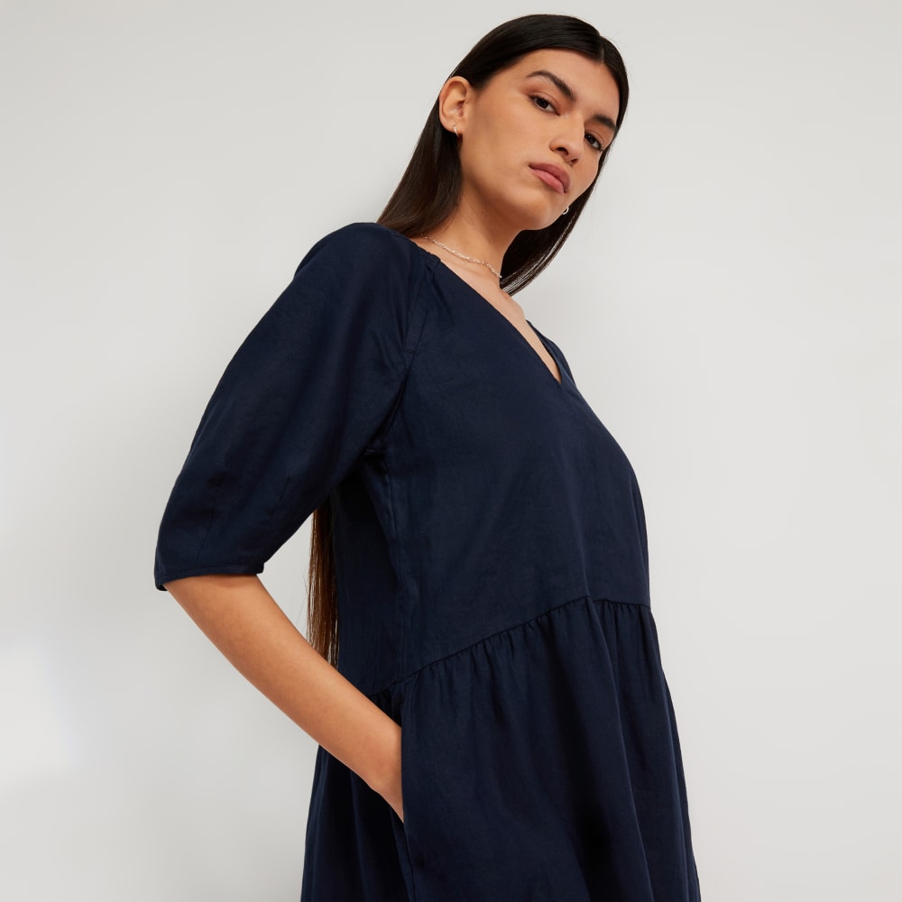 The Linen Oversized Puff-Sleeve Dress | Navy