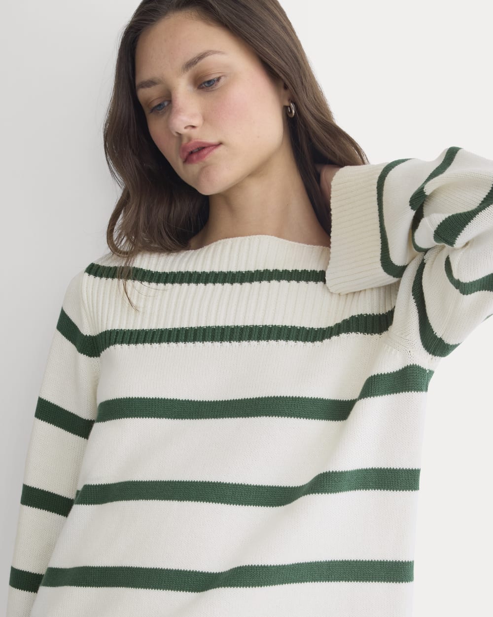Striped Boatneck Sweater in Everyday Cotton | Hunter Green/Bone
